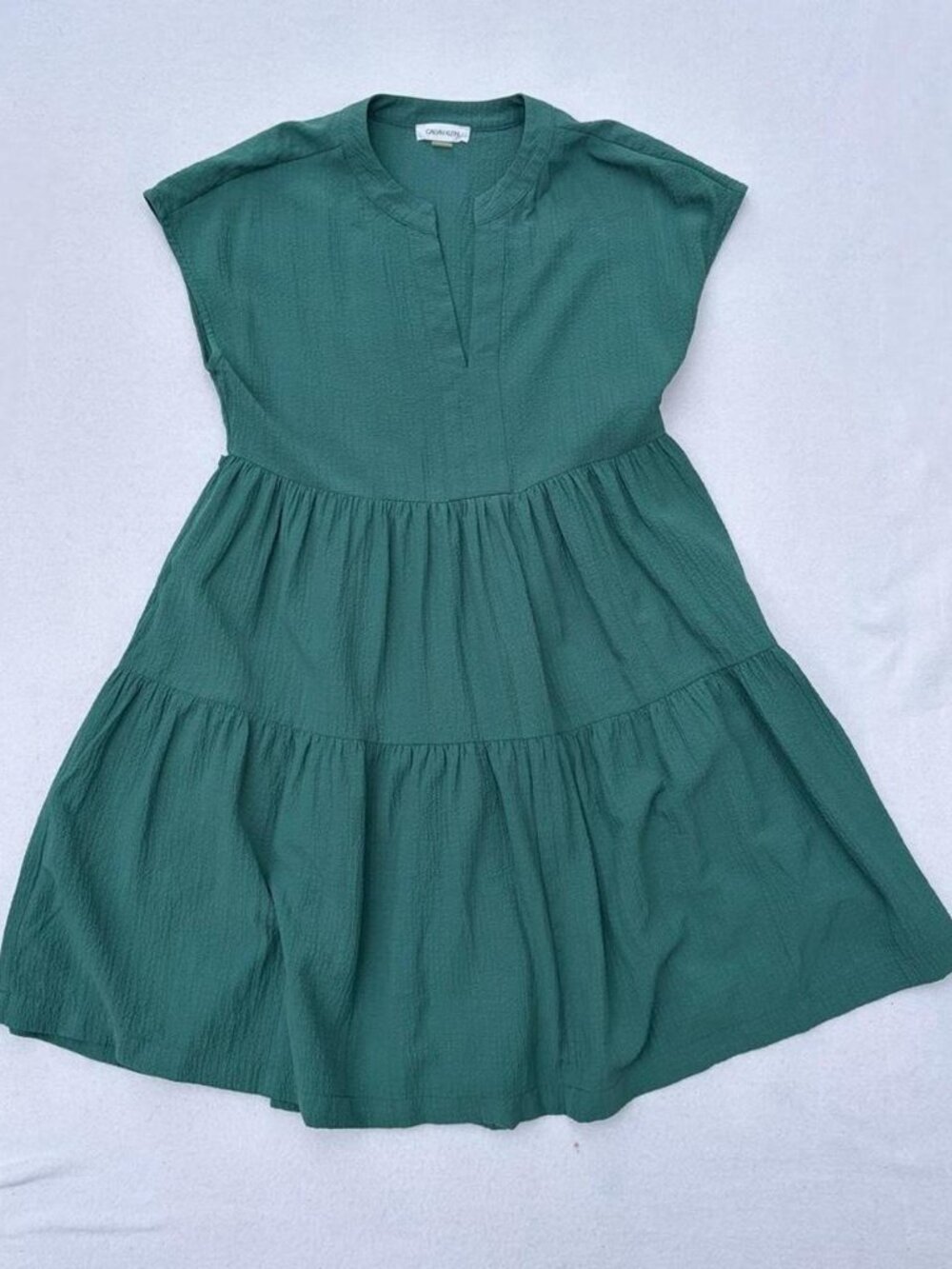 Calvin Klein Green Split Neck Tiered A-Line Dress Sz 4 Teachercore Fall Autumn